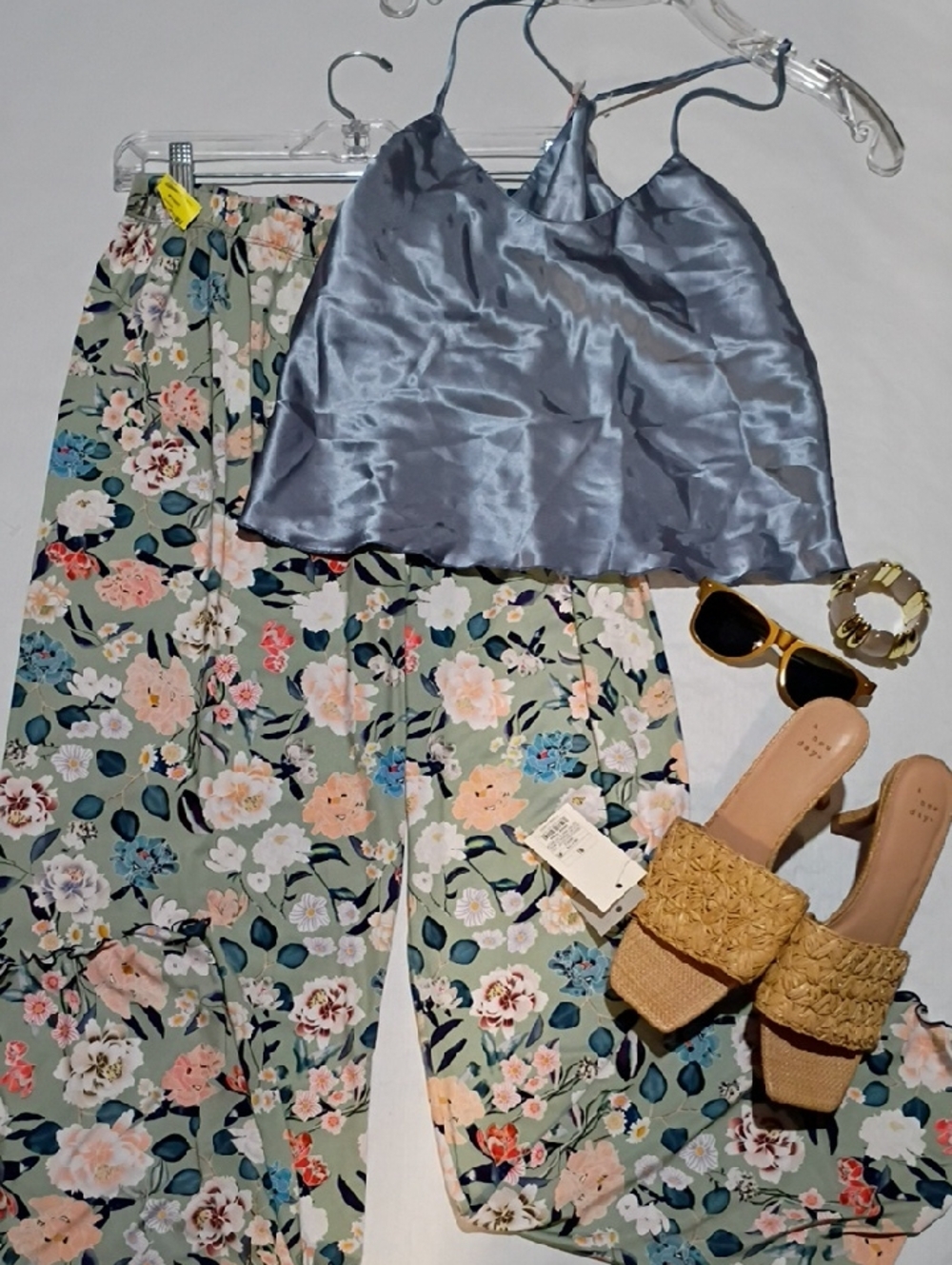 Floral Wide-Leg Pants with Slate Blue Satin Cami
